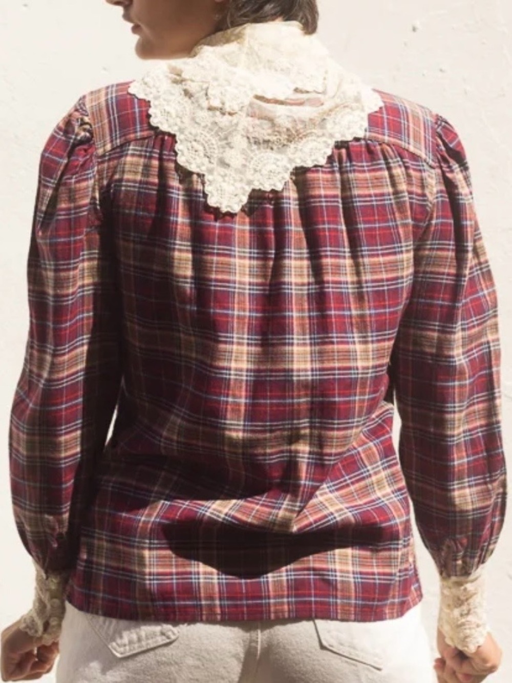 Vintage 80’s Ralph Lauren Plaid Flannel Button Front
Lace Trim Scarf Cuffs - Picture 4 of 16